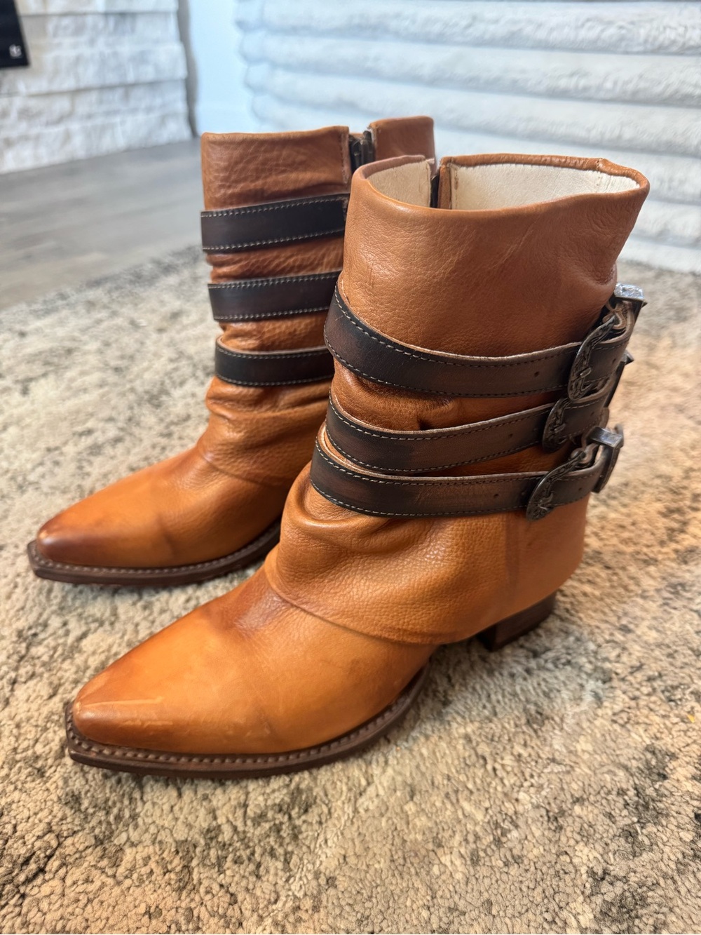 Freebird Matteo Tan and Dark Brown Leather Buckle Ankle Boots